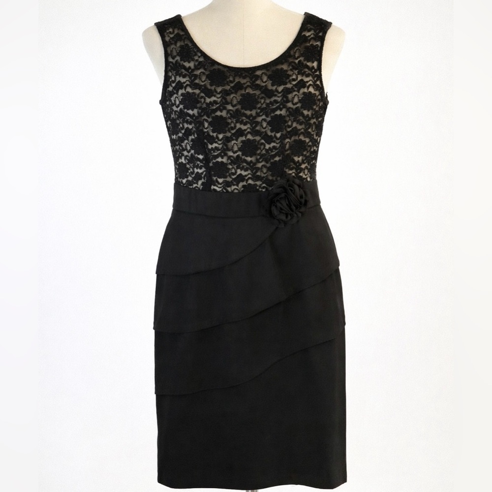 Connected Apparel Black Lace Overlay Tiered Sheath Dress Floral Rosette 12